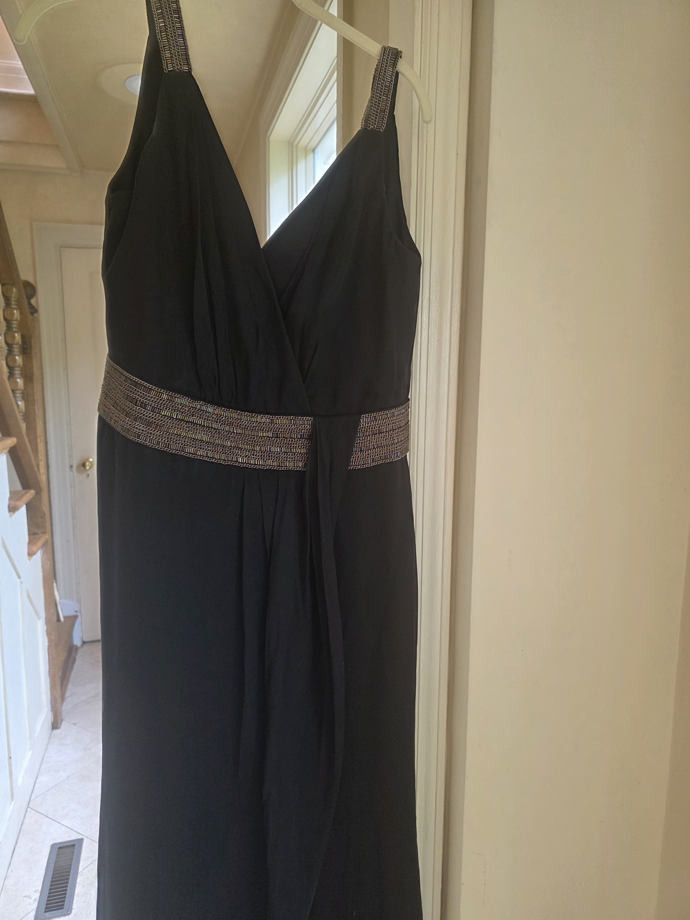 Carmen Marc Valvo Black Maxi Dress with Beaded Waistband